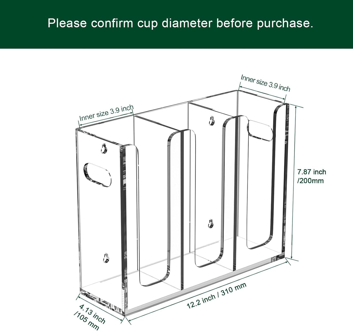 Disposable Coffee Cup Dispenser with Handles, Countertop or Wall Mount Hot/Cold Drink Cup and Lid Holder - Bathroom/Kitchen/Office Acrylic Cup Lid Storage Organizer (3 Compartments, Clear)