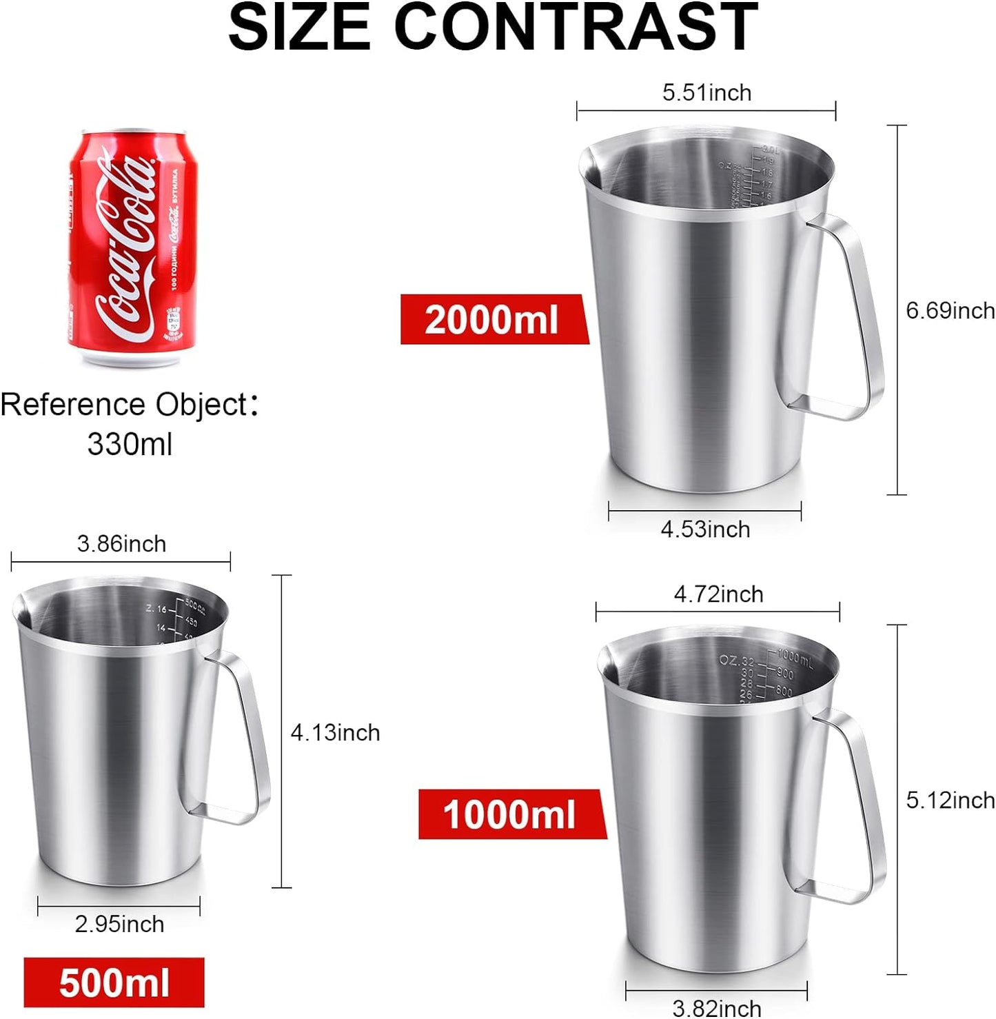 Flutesan 3 Pcs Stainless Steel Measuring Cups Measuring Pitcher with Handle with Markings for Latte Art, Water Pouring 2/4/8 Cup (16/32/64 oz)
