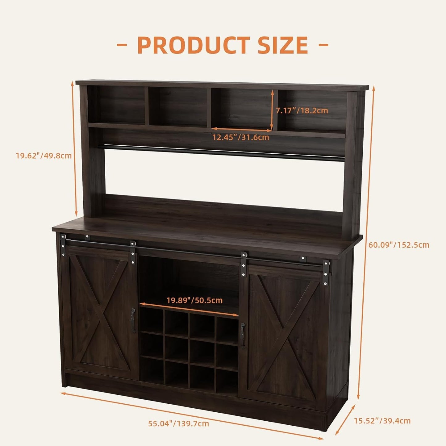 4ever2buy Farmhouse Coffee Bar Cabinet with Storage Hutch, 55“ Wine Bar with 12 Wine Racks and 8 Hooks, Coffee Station with 4 Open Shelves and Sliding Barn Doors for Kitchen, Dining Room, Dark Oak
