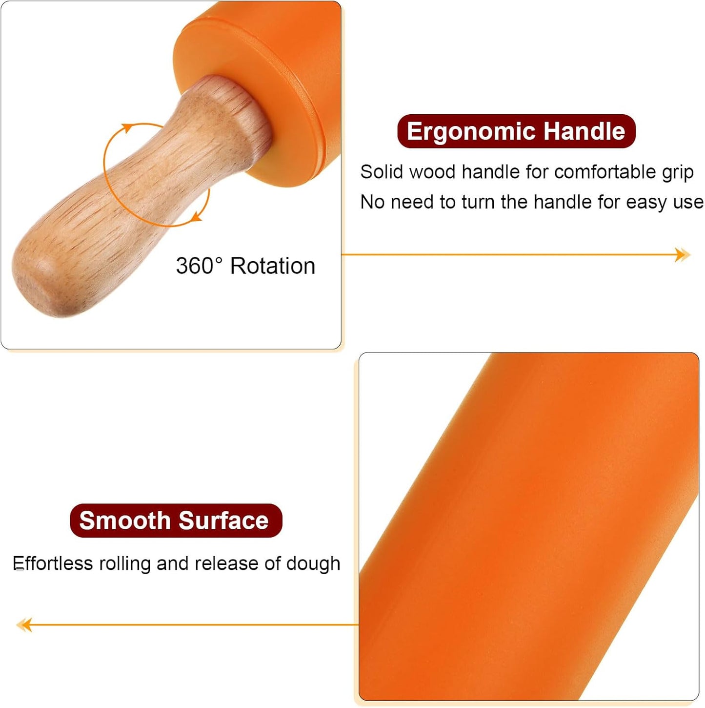 HARFINGTON Silicone Rolling Pins for Baking 9 Inch Wooden Handle Non Stick Rolling Pin Small Roller Playdough Rolling Pins for Dough Pizza Pastry Fondant Kitchen, Orange