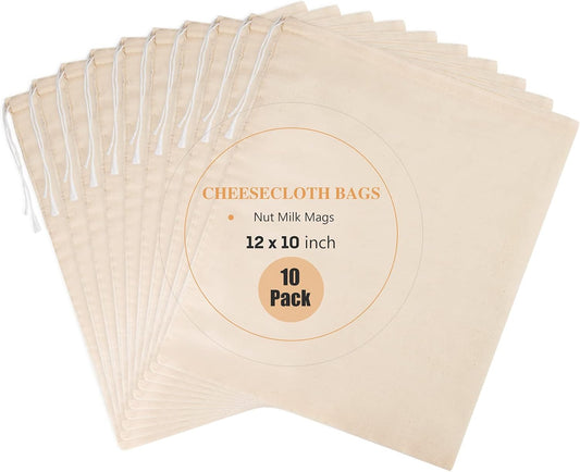 10 Pack Nut Milk Bag, 10‘’ x 12‘’ Fine Mesh Grade Reusable Cheesecloth Bags Strainers, Unbleached Organic Cotton Filter Bags for Almond Milk, Juices, ColdBrew, Cheese, Tea, Yogurt, Coffee