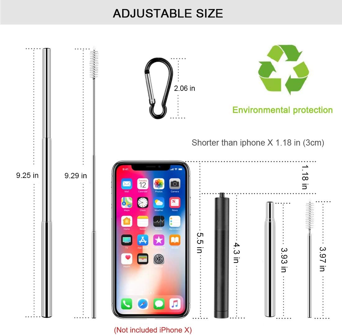 2 Pack Reusable Metal Straws Collapsible Stainless Steel Drinking Straw Travel Portable Telescopic Straw with Case,2 Cleaning Brushes Included Black/Silver