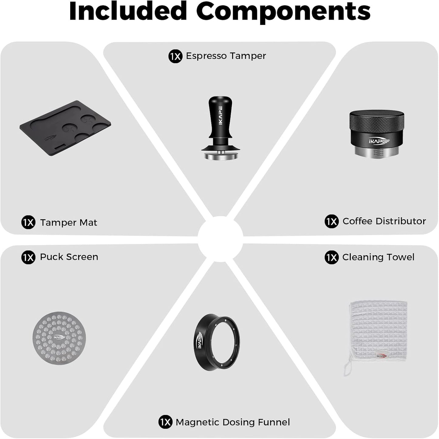 IKAPE 58MM Espresso Tamper Kit Black 6 IN 1, Coffee Tamper Set Including Tamper, Distributor, Magnetic Dosing Funnel, Silicone Mat, Puck Screen, and Cleaning Towel