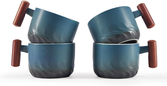 6oz Ceramic Espresso Cups with Wooden Handle, Small Coffee Cups for Latte Cappuccino, Tea Cups Set of 4