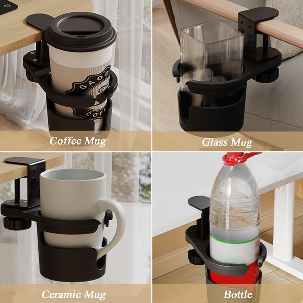 Desk Cup Holder 360° Rotating Under Table, Anti-Spill Cup Holder with Adjustable Clip, Hidden Water Bottle Stand Coffee Mug Storage for Home Office and School (Black)