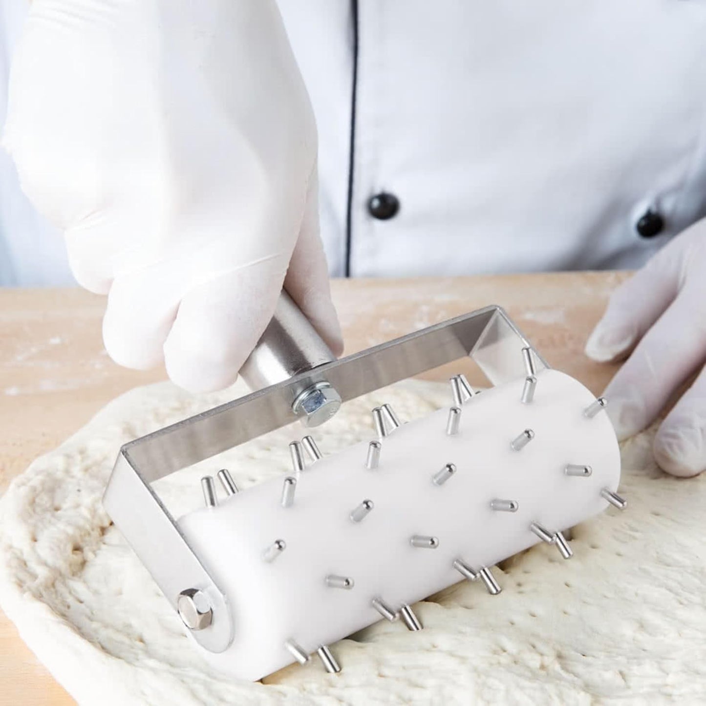 Pizza Dough Roller Docker – Stainless Steel Pizza Roller Dough Pin Puncher & Hole Maker Tool for Pie, Pastry, Cookie, Bread – Medium White