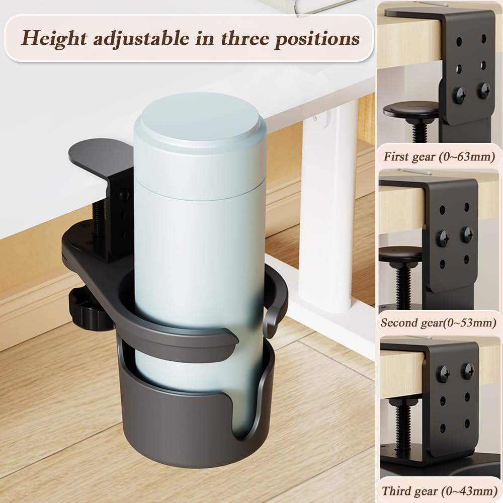 Desk Cup Holder 360° Rotating Under Table, Anti-Spill Cup Holder with Adjustable Clip, Hidden Water Bottle Stand Coffee Mug Storage for Home Office and School (Black)