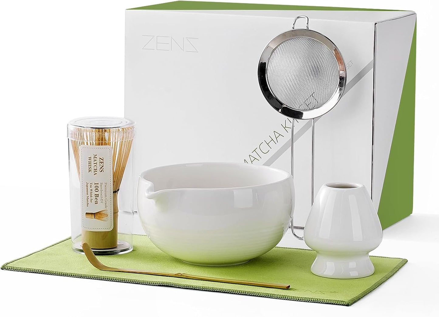 ZENS Matcha Whisk Set, 6pcs Matcha Kit Set Includes Ceramic Bowl and Bamboo Whisk & (Chasen Holder), Sifter, Scoop -Tea Towel, Japanese Chawan with Spout for Lovers, White