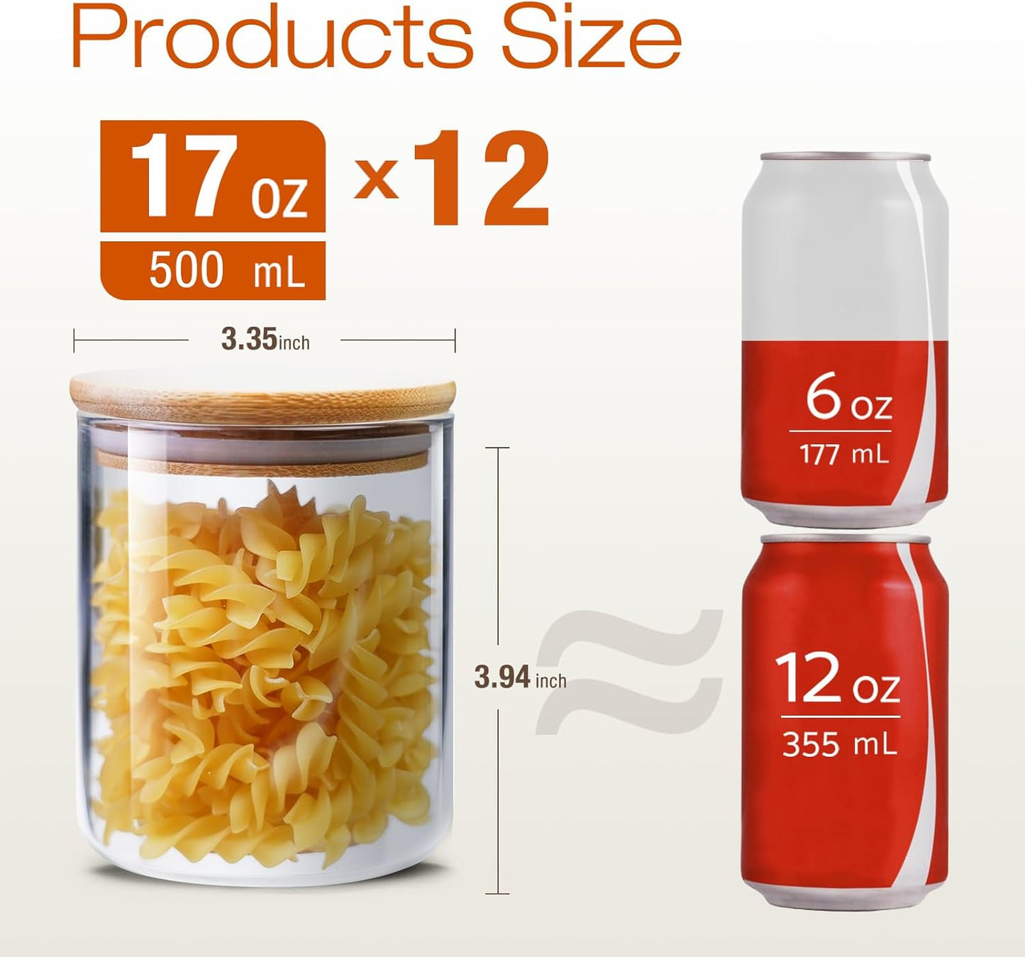 Glass Jars with Bamboo Lids 17 FL OZ [Set of 12], Glass Canisters with Airtight Lids, Glass Food Storage Containers for Spice, Coffee, Sugar, Tea, Candies, Cookies,Best for Kitchen & Pantry