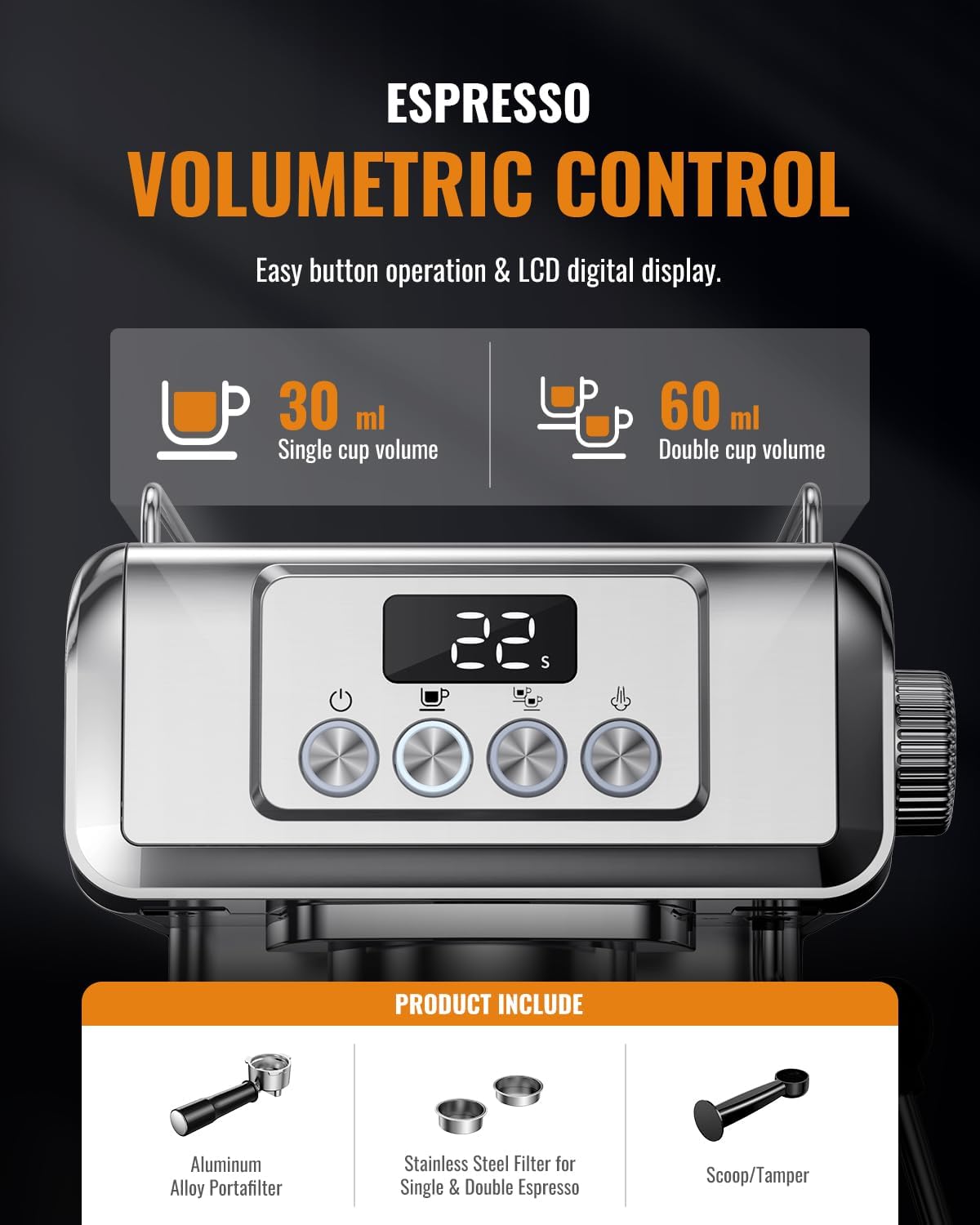 SHARDOR Espresso Machine 20 Bar with Milk Frother Steam Wand, Professional Latte & Cappuccino Maker for Home, 60 Oz Water Tank, Temperature Display, Stainless Steel, 1350W