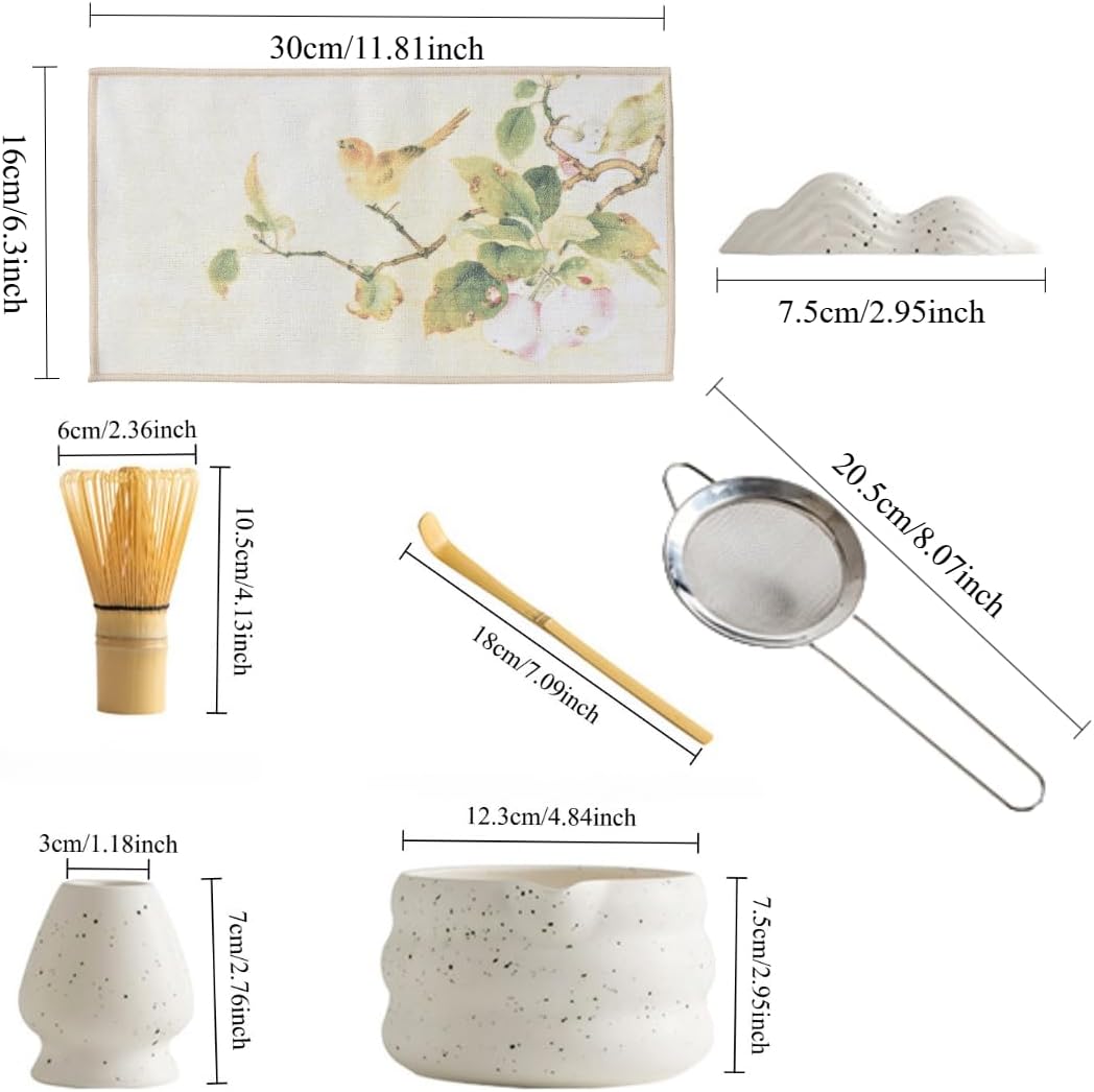7-piece matcha kit includes matcha bowl. white speckled matcha tea set with bamboo whisk -, sifter, scoop, stainless steel filter, tea caddy, cloth & gift box - for matcha green (7)