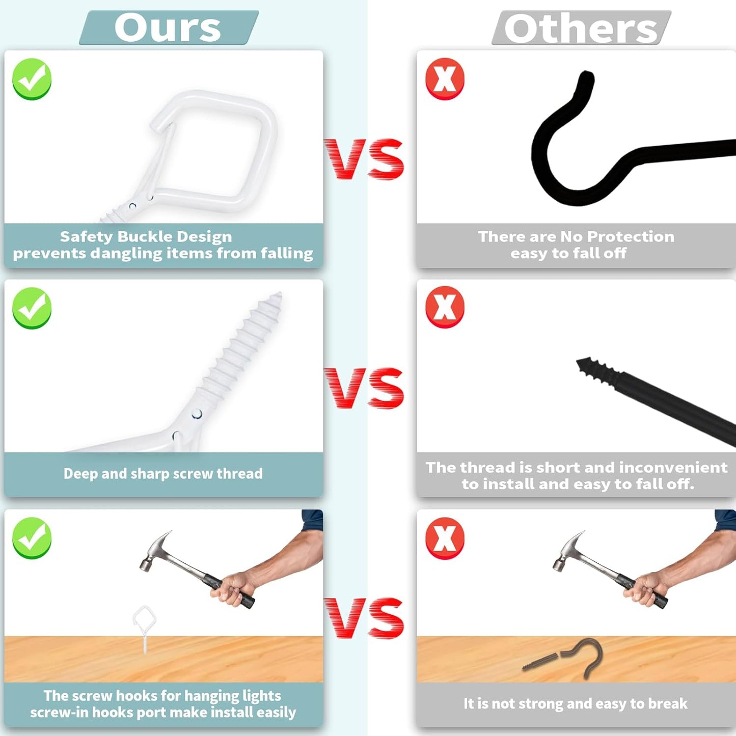 50 PCS White Eye Screw Hooks for Hanging Heavy Duty with Safety Buckle.Metal Ceiling Hooks for Hanging Plants Cup Wind Chime Bird Feeders Patio Lights at Indoor&Outdoor