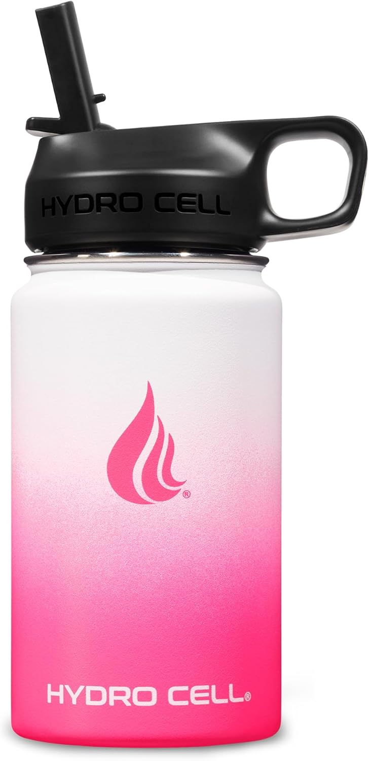 HYDRO CELL Stainless Steel Insulated Water Bottle with Straw - For Cold & Hot Drinks - Metal Vacuum Flask with Screw Cap and Modern Leakproof Sport Thermos for Adults (White/Pink 14oz)