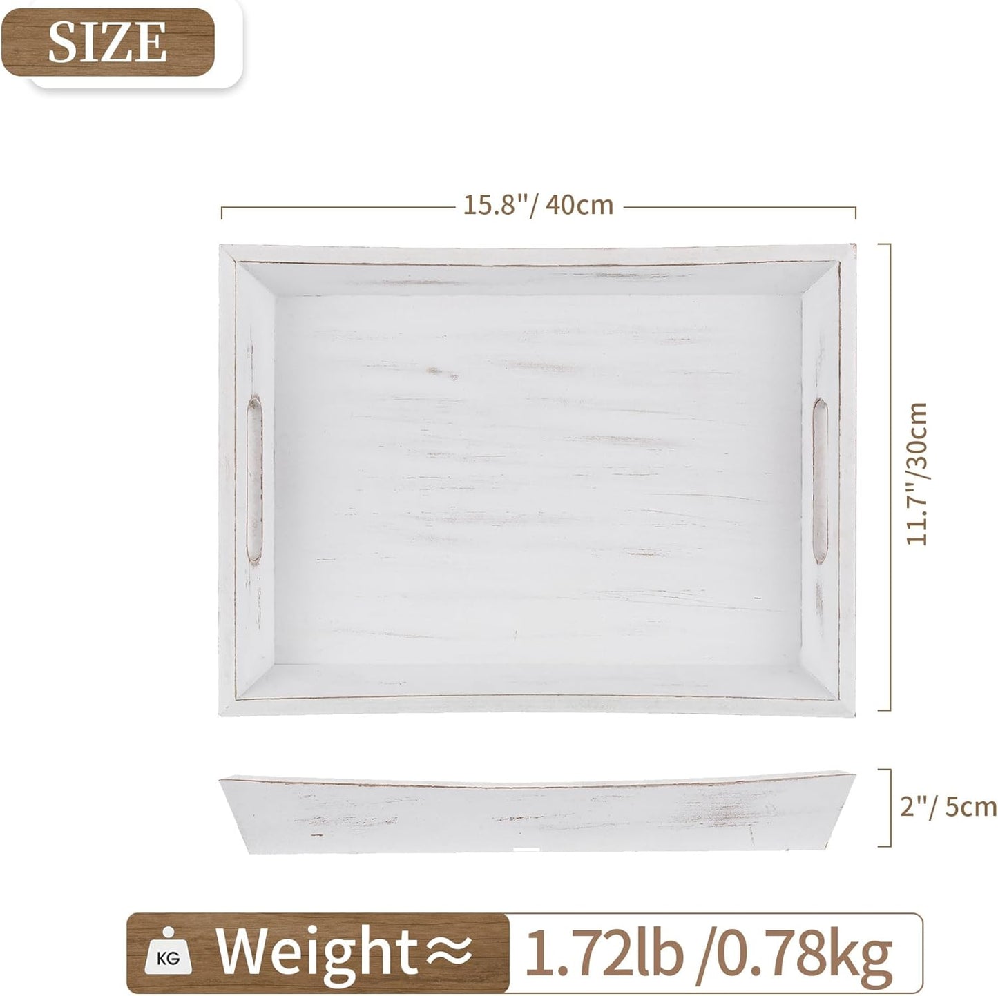 Hanobe Decorative Wooden Serving Tray: Rustic Wood Ottoman Trays for Coffee Table Rectangular Tray with Handles for Living Room Kitchen Home Decor, White