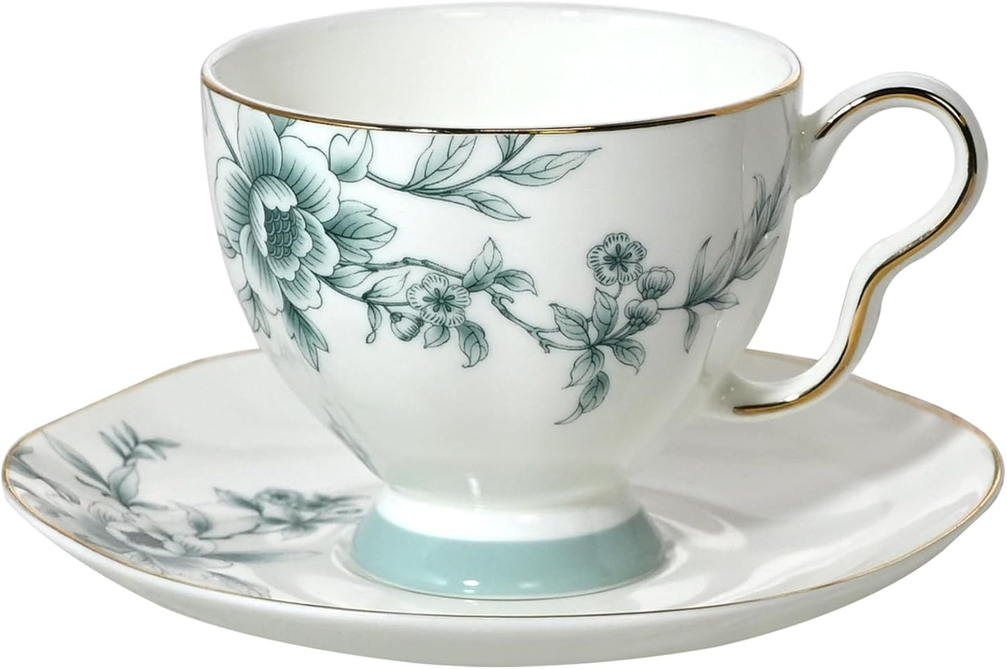 ACMLIFE Bone China Tea Cups and Saucers for 1, 6.8 oz Teacup Set for Adults, with Gold Trim and Gift Box, Blue and White Chinese English British Wedding Tea Set for One Coffee Cup Set (Blue-Leaf)
