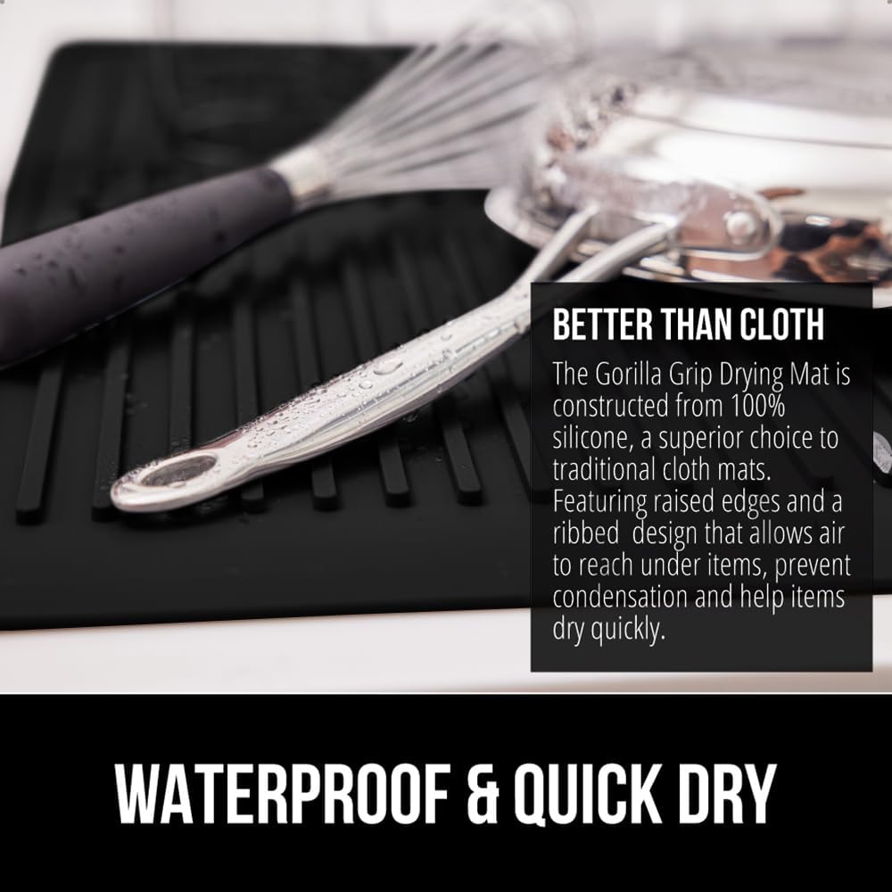 GORILLA GRIP 100% BPA-Free Patented Silicone Dish Drying Mat for Kitchen Counter, Water Catching Ribbed Design, Easy Clean Waterproof Sink Liner, Heat Resistant, Fits Under Rack, 13x11 Inch, Black