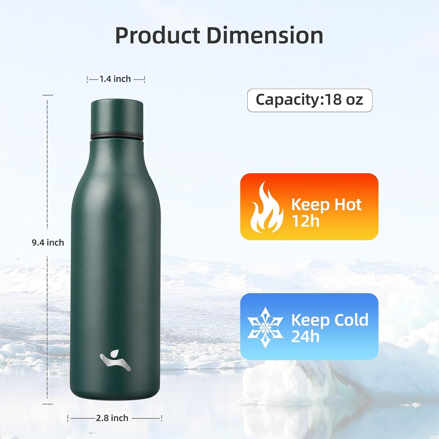 Insulated Water Bottle with Strap,18 oz Double Wall Stainless Steel Vacuum Bottles Metal Water Flask,Army Green