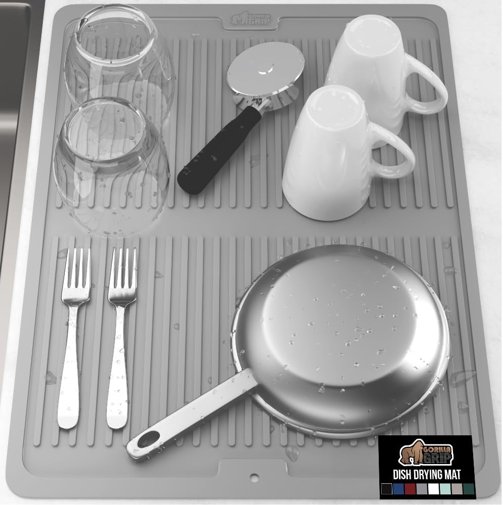 GORILLA GRIP 100% BPA-Free Patented Silicone Dish Drying Mat for Kitchen Counter, 18x24 Inch, Water Catching Ribbed Design, Easy Clean Waterproof Sink Liner, Heat Resistant, Fits Under Rack, Gray