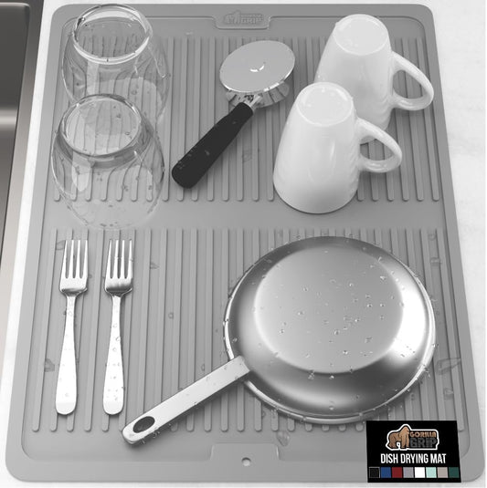 GORILLA GRIP 100% BPA-Free Patented Silicone Dish Drying Mat for Kitchen Counter, 18x24 Inch, Water Catching Ribbed Design, Easy Clean Waterproof Sink Liner, Heat Resistant, Fits Under Rack, Gray