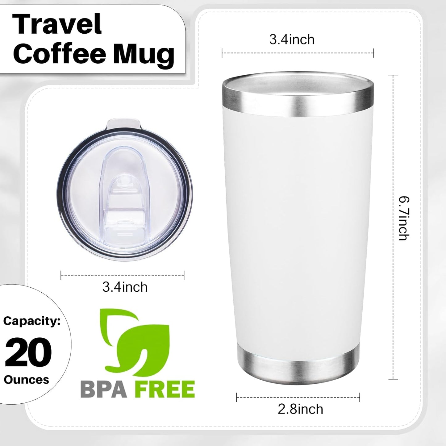 20oz Tumbler with Lid Double Wall Vacuum Insulated Travel Coffee Mug Stainless Steel Thermal Cup Powder Coated Sturdy Coffee Tumbler Bulk for Hot and Cold Beverage (White,4)