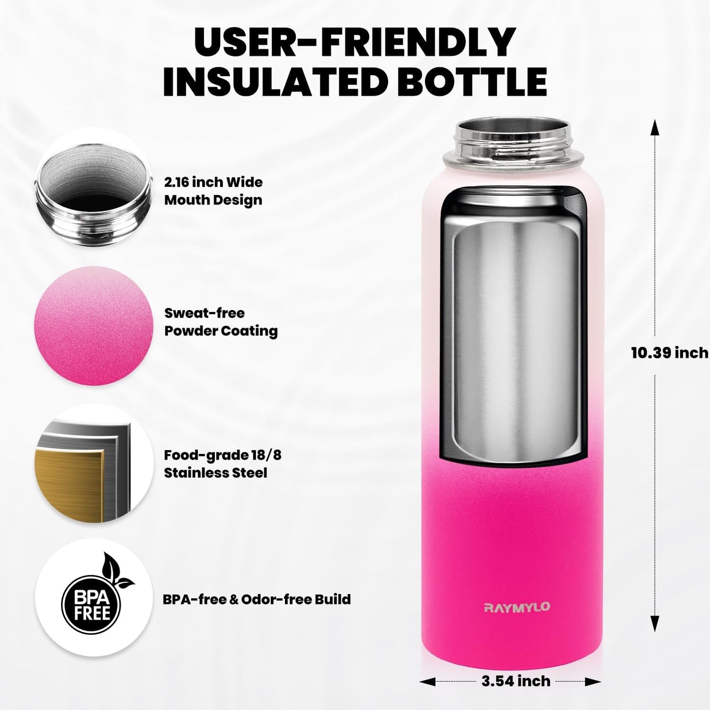 Insulated Water Bottle 40 oz, Triple Wall Vacuum Stainless Steel (Cold for 48 Hrs), Leak Proof & Non-BPA, Modern Water Flask Jug with Paracord Handle & Straw Spout Lids, Ombre Pink