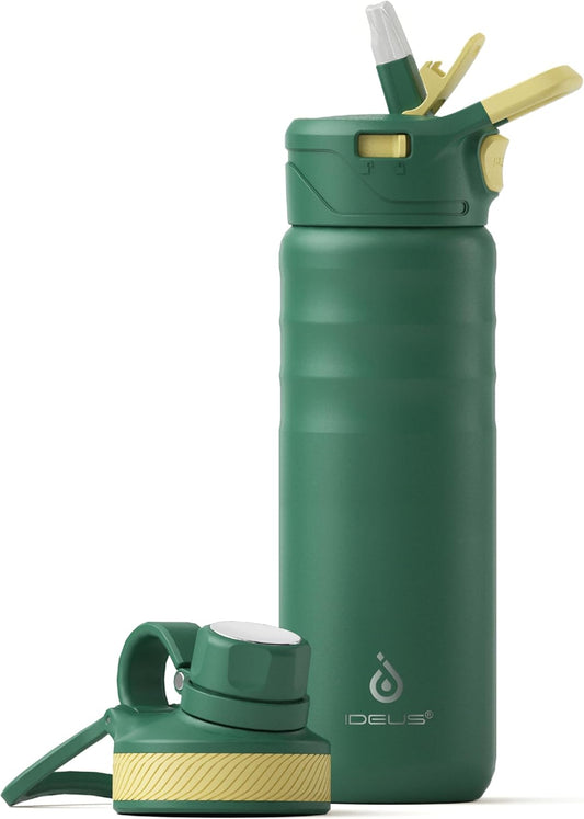 IDEUS Insulated Stainless Steel Water Bottle with 2 Leak-Proof Lids, Thermal Water Flask for Hiking Biking, 24oz, Green
