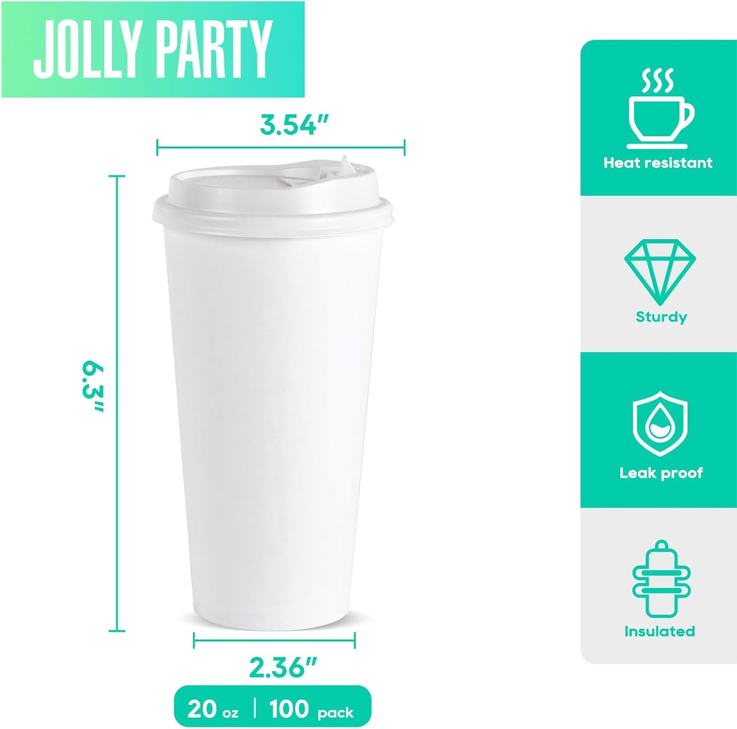 JOLLY PARTY [100 Pack] 20 oz Paper Coffee Cups, Disposable Paper Coffee Cup with Lids, Hot/Cold Beverage Drinking Cup for Water, Juice or Tea, Suitable for Home, Shops and Cafes
