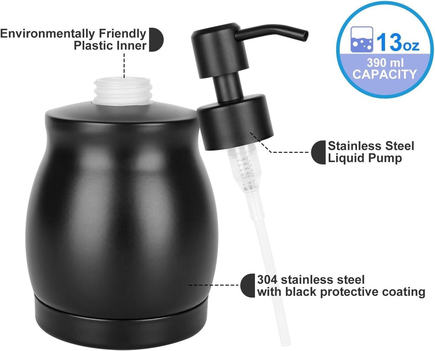 Black Stainless Steel Soap Dispenser, Modern Countertop Liquid & Lotion Dispenser for Kitchen and Bathroom-Rustproof Pump, Easy Refill & Clean-Elegant Home or Commercial Use (Black, 390ml)