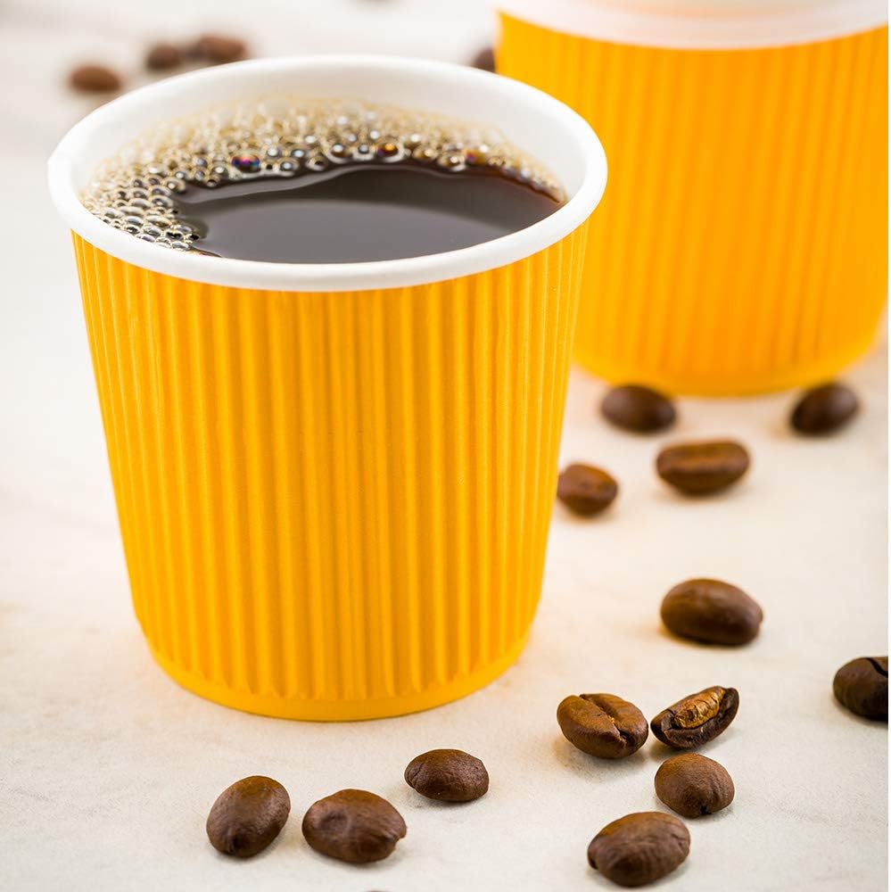 Restaurantware 4 Ounce Ripple Insulated Coffee Cups, 500 Double Wall Corrugated Tumblers, Leakproof, Non-Slip Yellow Paper Design, Recyclable, Ribbed Surface, Matching Lids Sold Separately