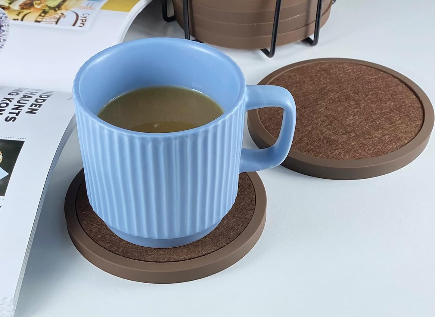 Absorbent Coasters for Drinks - 6packs, Silicone Coasters with Soft Felt Insert (4.3inch, Brown)