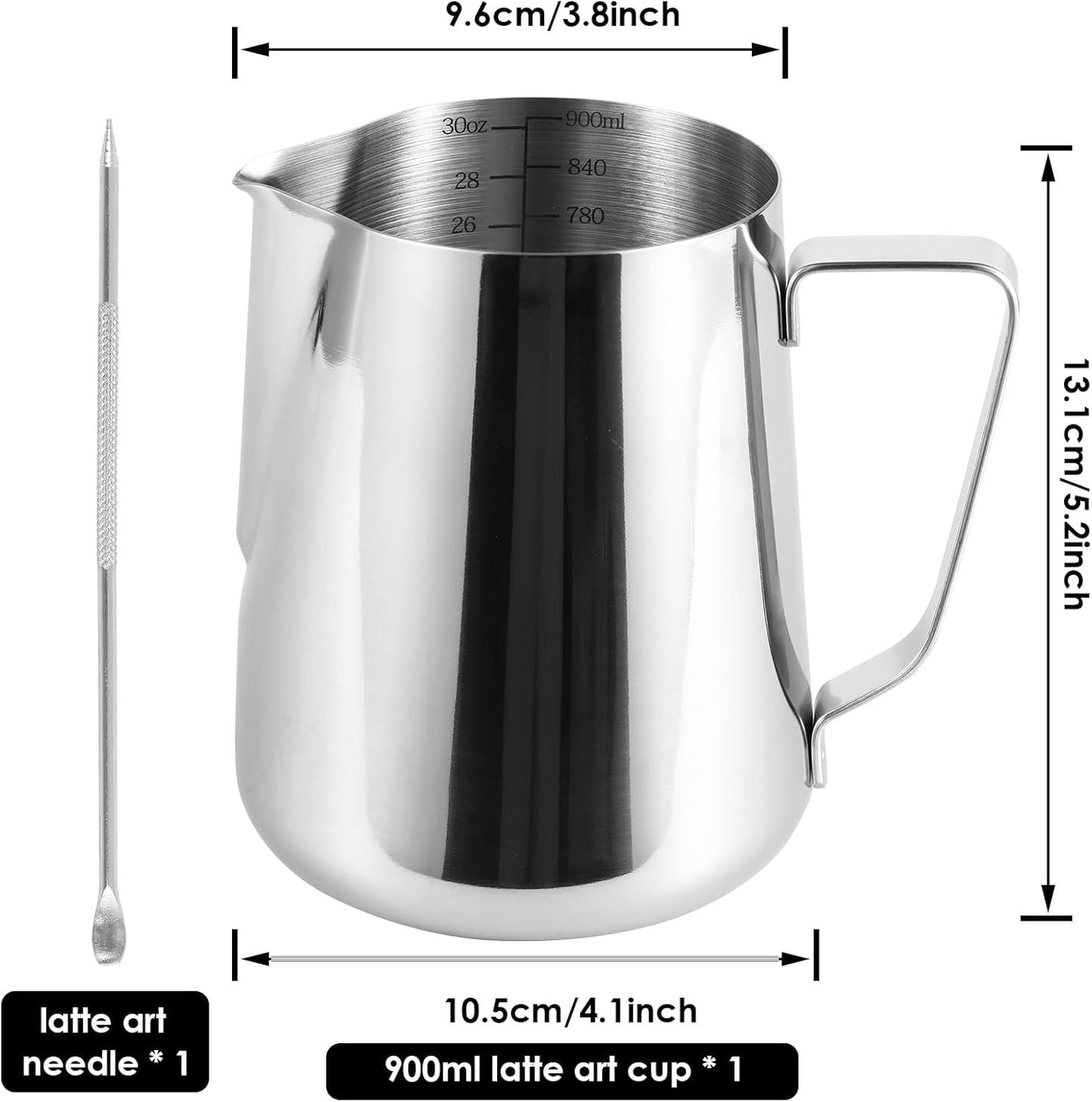 4 Pack Milk Frothing Pitcher 900ml Stainless Steel Milk Jug with Measurement Marks, 32oz Steaming Pitcher for Coffee, Cappuccino, Latte Art, Includes Art Pen, (4)