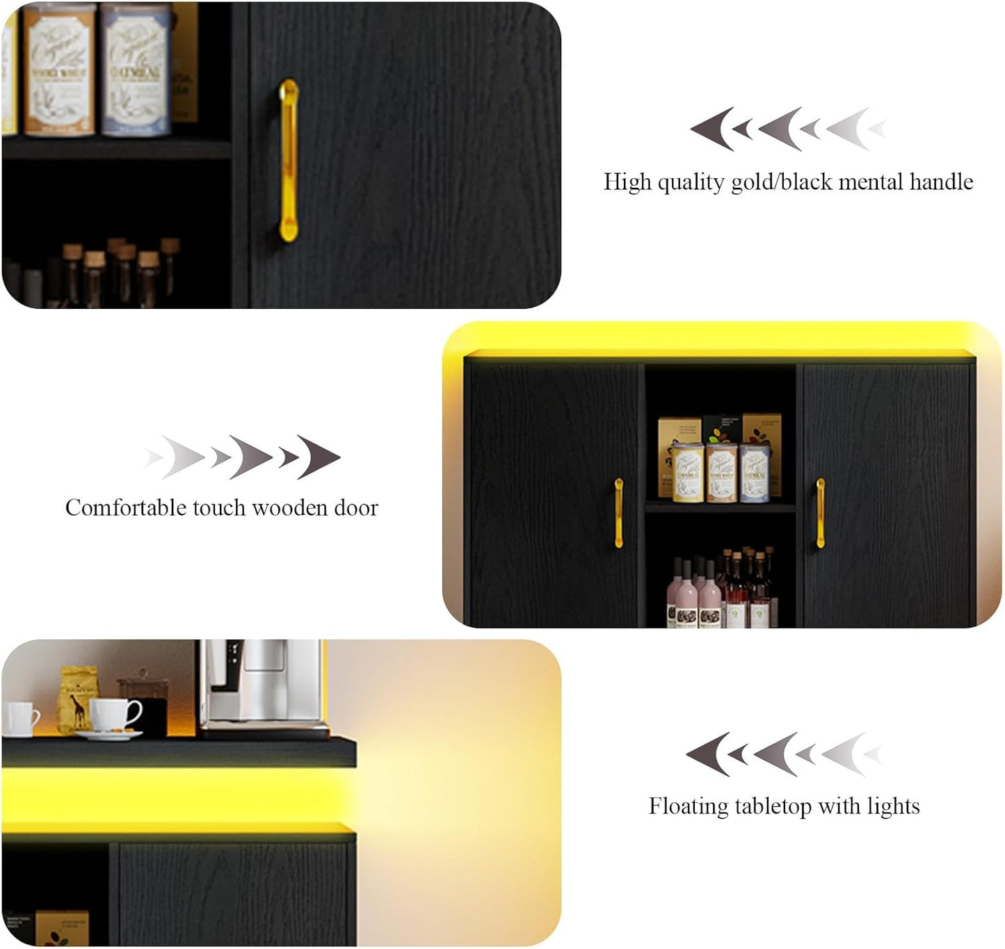 4 EVER WINNER LED Coffee Bar Cabinet, Sideboard Buffet Cabinets with Storage, Modern Cabinet with Charging Station, Black Coffee Bar for Kitchen, Dining Room