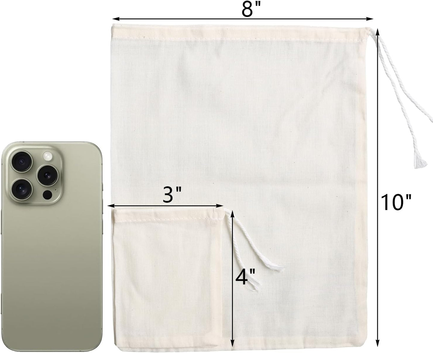 Eketirry Spice Bags, 10pcs Reusable Empty Tea Bags, Muslin Strainer Bags, Soup Bags for Cooking, Natural Cotton Fine Mesh Cheesecloth Bags for Cold Brew Coffee(3 x4" &8 x10")