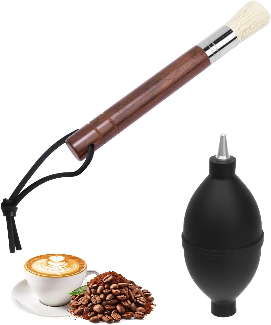 Espresso Brush Kit – Coffee Grinder Brush With Ebony Wood Boar Bristles & Lanyard, Black Rubber Air Blower Nozzle, Compatible With Espresso Machines, Coffee Grinders