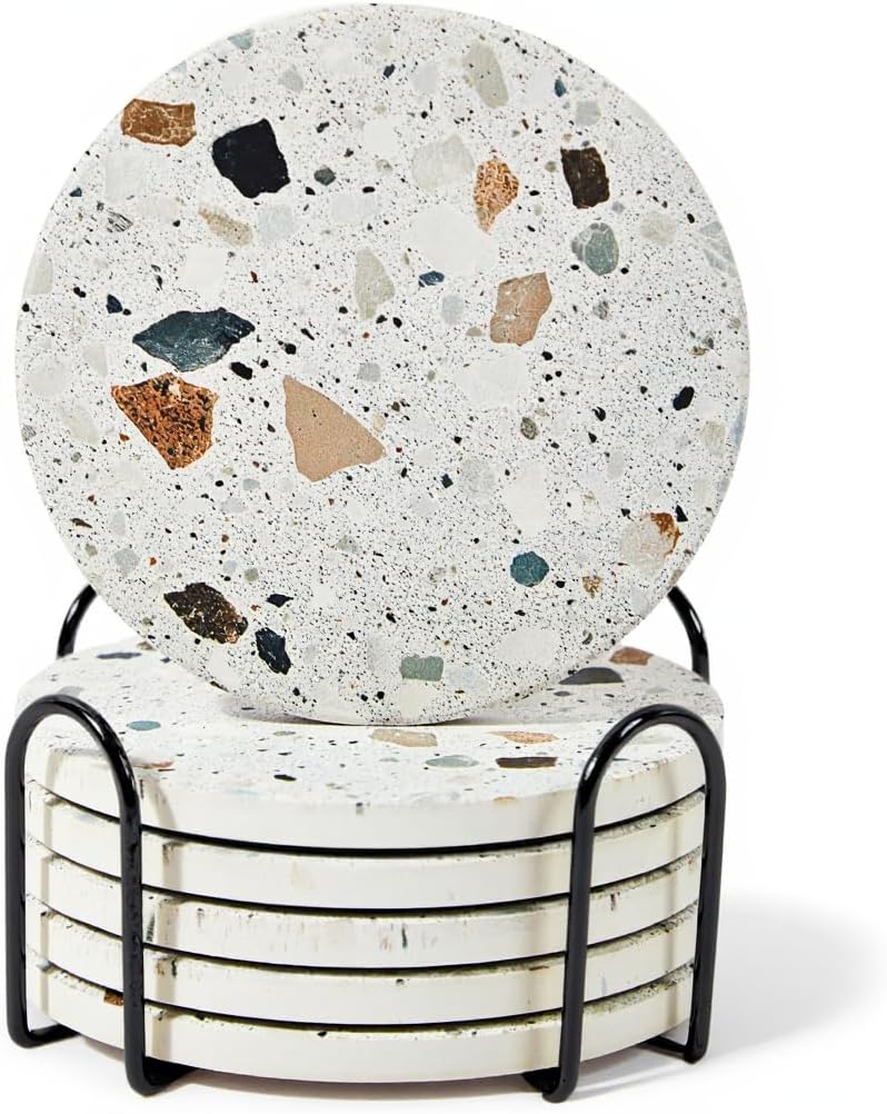 Absorbent Coaster Set of 6 with Holder, Drink Coasters for Coffee Table, Kitchen, Home Decor, Cute Ceramic Round Coasters, Alternative to Silicone, Cork or Glass Coaster (Granite with Black Holder)