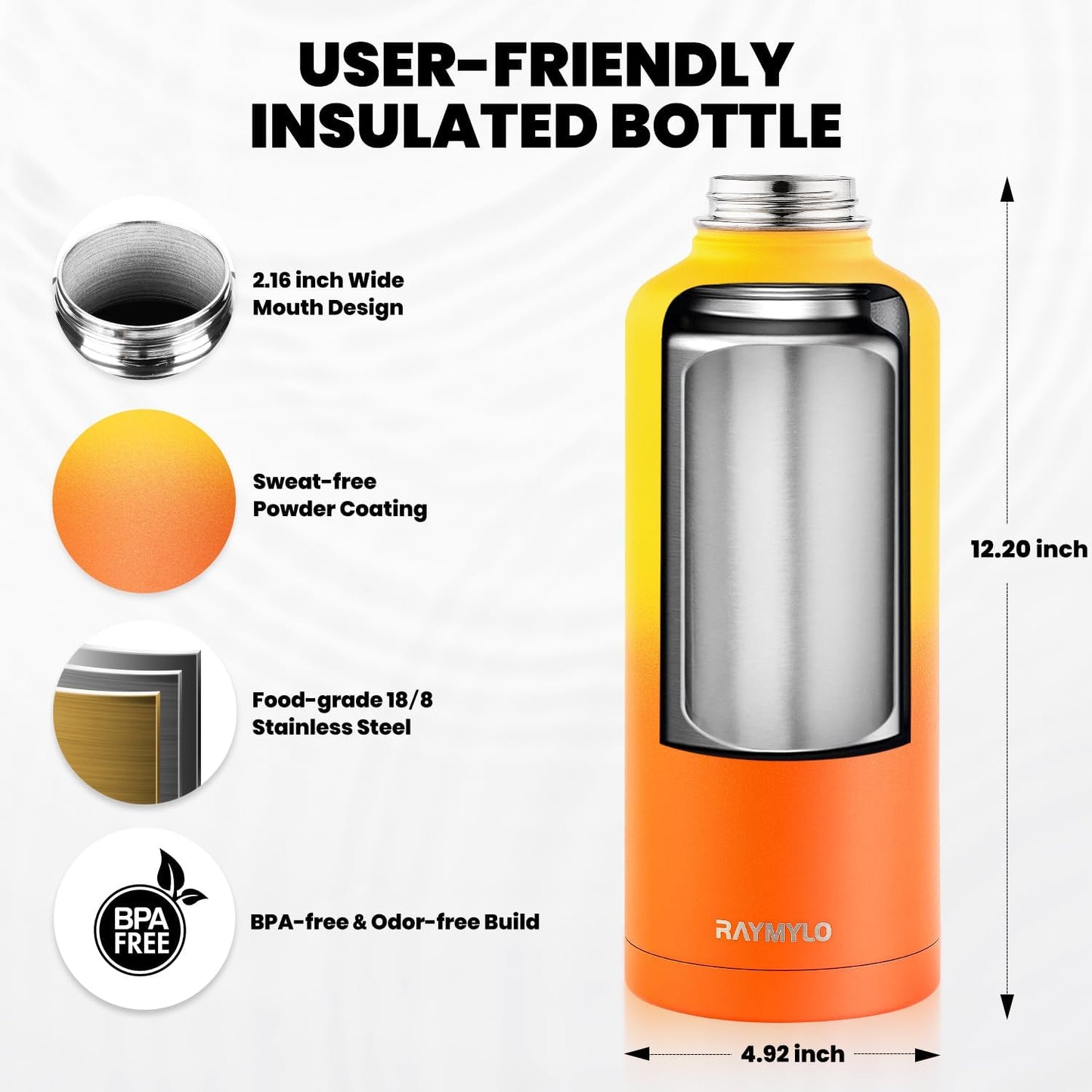 Insulated Water Bottle 87 oz, Triple Wall Vacuum Stainless Steel (Cold for 48 Hrs), Leak Proof & Non-BPA, Modern Water Flask Jug with Paracord Handle & Straw Spout Lids, Ombre Orange