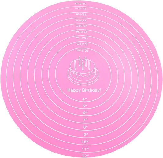 Hitefu 12 Inch Round Silicone Cake Mat, Silicone Baking Mat with Measurement for Cake Turntable & Rolling Dough (Pink)