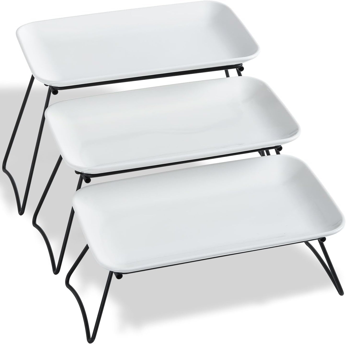 HAPPY KIT 3 Tier Serving Tray Set and Tiered Tray Stand,12 Inch Widened Porcelain Platters with Freely Combinable Rack,Decor Cupcake Stand for Christmas Party Display,Dessert Trays Collapsible