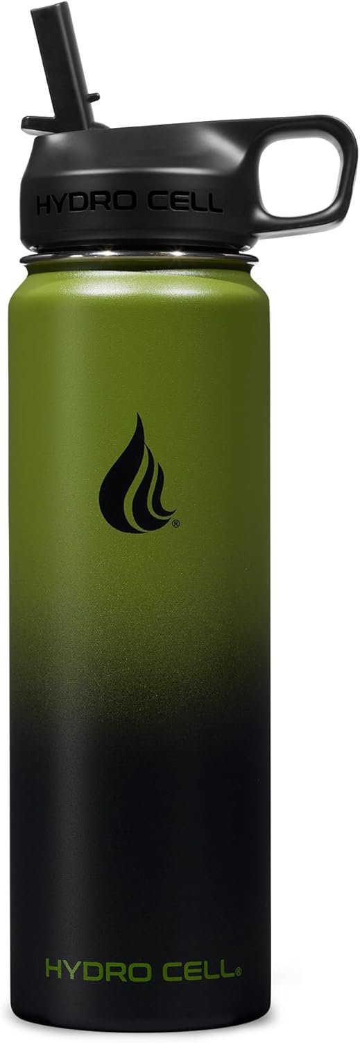 HYDRO CELL Stainless Steel Insulated Water Bottle with Straw - For Cold & Hot Drinks - Metal Vacuum Flask with Screw Cap and Modern Leakproof Sport Thermos for Adults (Army/Black 24oz)