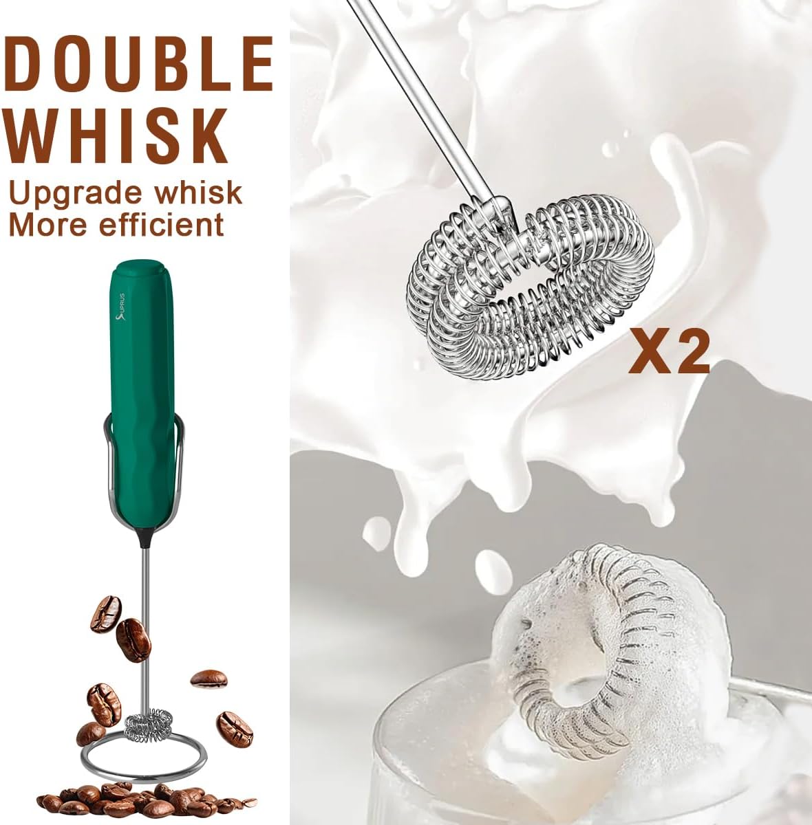 SUPRUS Ultra Fast Handheld Milk Frother Double Whisk with Stand 2 Batteries Stainless Steel for Lattes Cappuccino Matcha Hot Chocolate Coffee Bar Accessories Kitchen Gadgets Gift