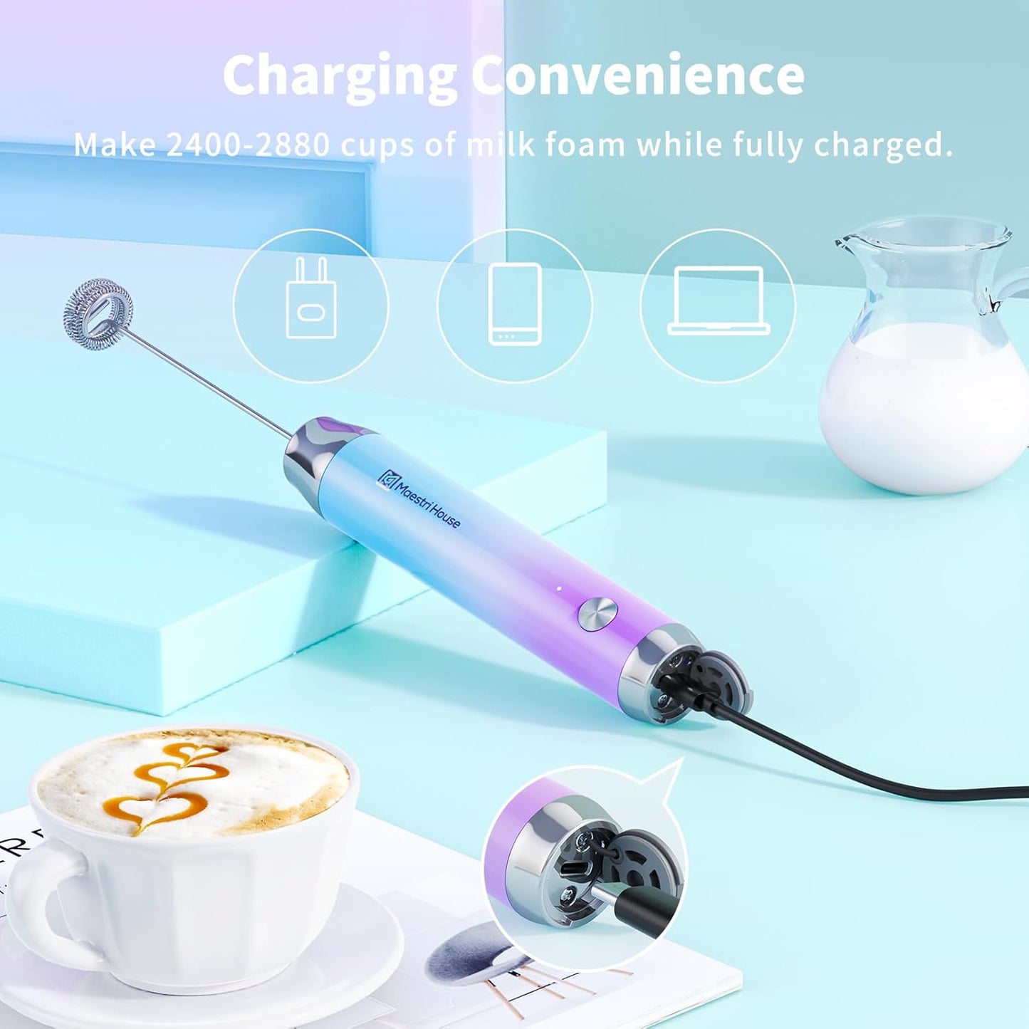 Maestri House Rechargeable Milk Frother with Stand, LunaFro Handheld Electric Foam Maker Waterproof Detachable Stainless Steel Whisk Drink Mixer Foamer for Lattes, Cappuccino