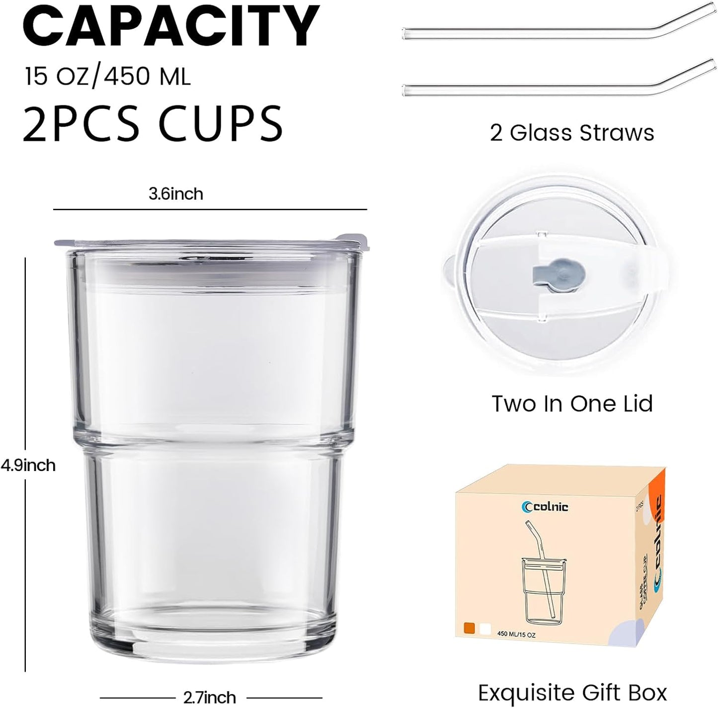 2PCS Glass Cups With Lids And Straws, Iced Coffee Cup,15Oz/450ml Iced Coffee Glasses Tumbler, Thick Wall Glass Mug For Tea Water, Matcha Cup Chirstmas Gifts (Clear, 2PCS)