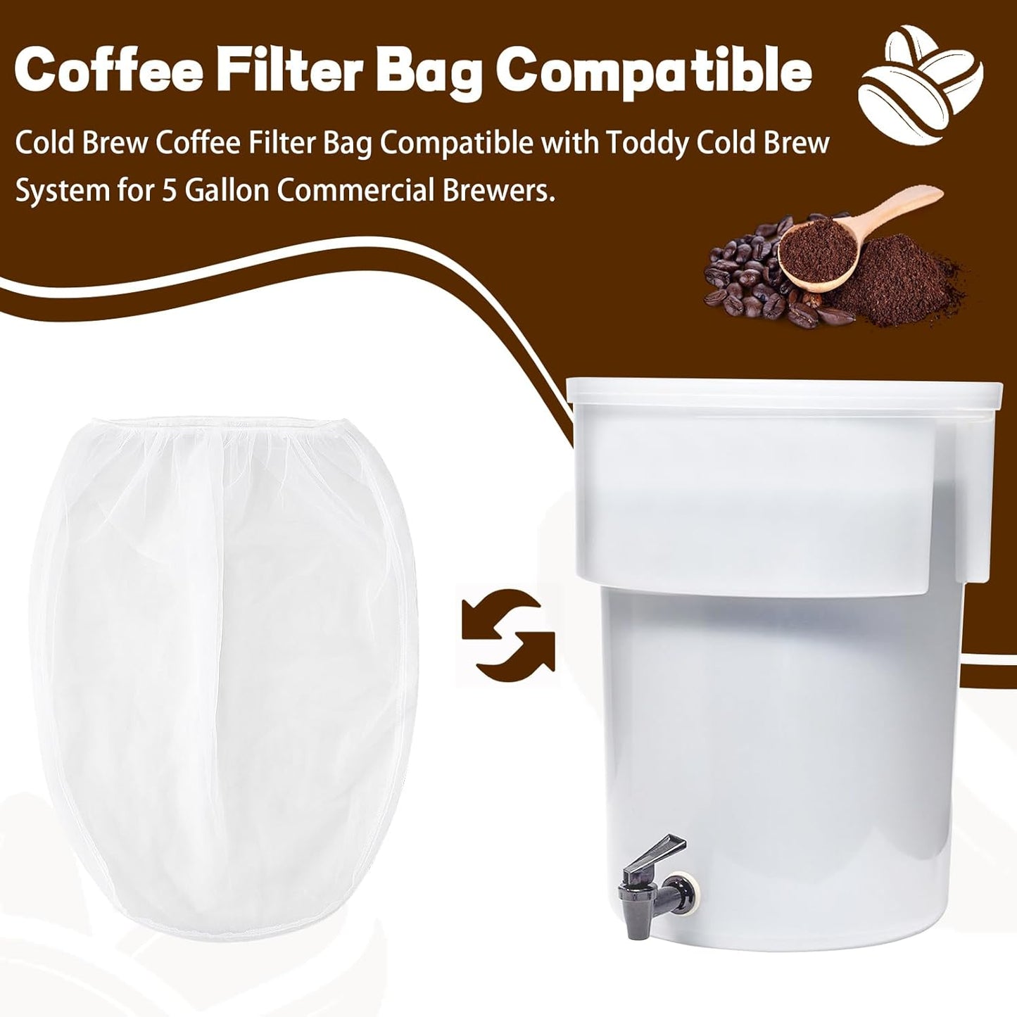 Alocs Cold Brew Coffee Filter Bag Compatible with Toddy Cold Brew System for 5 Gallon Commercial Brewers, Filter Bag for Coffee Grounds & Ice Tea - Quick Drain, Washable & Reusable (2 Pack)