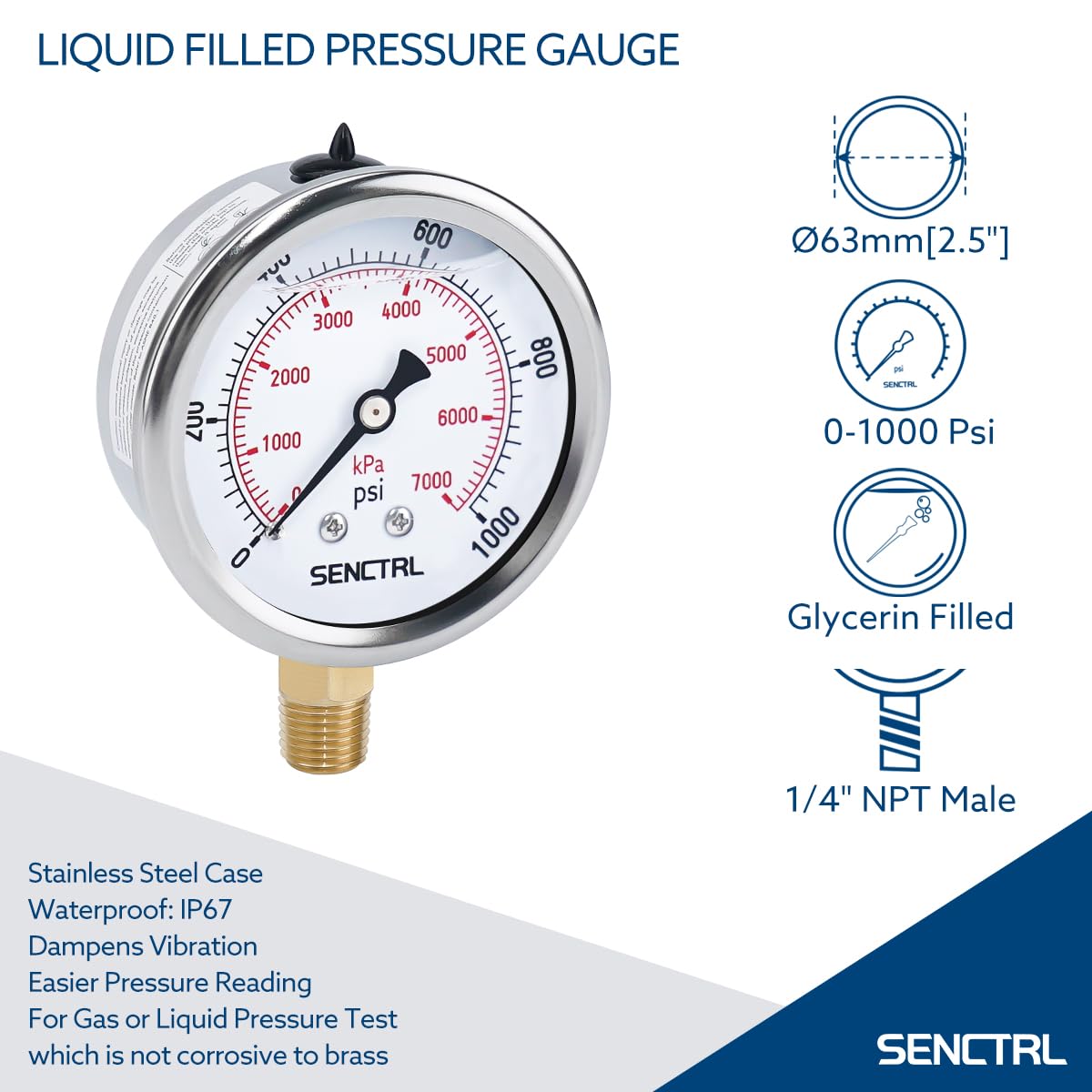 SENCTRL 0-1000 Psi Glycerin Liquid Filled Pressure Gauge, 2.5" Dial Size, 1/4" NPT Lower Mount, Stainless Steel Case, for Air Gas Water Oil Hydraulic Pressure Test