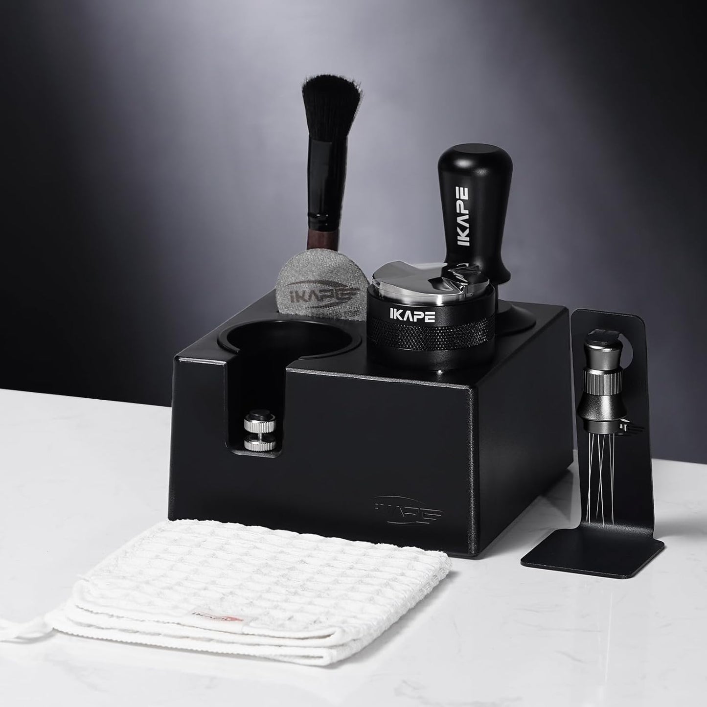 IKAPE 53MM Black Espresso Tool Set 8 IN 1, Coffee Tamper, Distributor, Magnetic Funnel, Puck Screen, Tamper Station, Stirrer Distribution Tool, Cleaning Towel and Brush