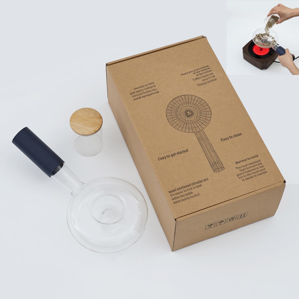 Portable glass coffee bean roaster - High borosilicate glass manual home coffee roasting kit, suitable for small batch roasting of nuts and coffee beans, stove-safe (50-80 grams capacity)