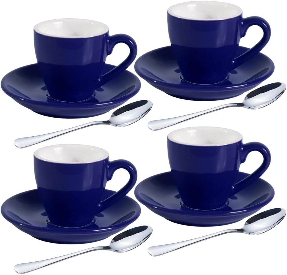 homEdge Porcelain Espresso Shot Cup Set with Saucers and Stainless Steel Spoons - 80 ml / 2.67 oz, Set of 4, Navy