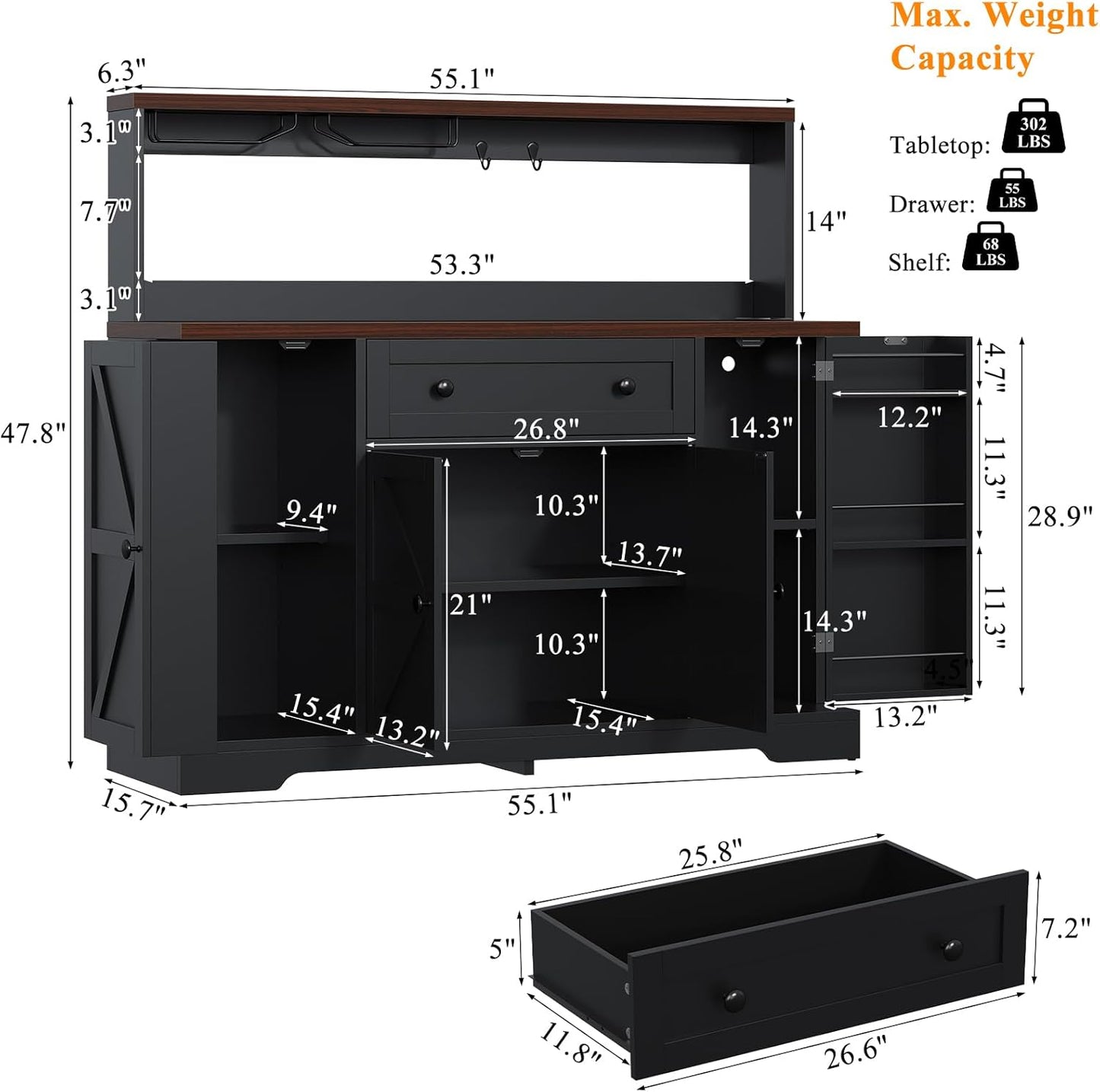 Hutch Storage Buffet Cabinet with Drawers, and Charging Station, Coffee Bar Cabinet with Barn Doors, Wine Rack and Hooks, White Wood Sideboard Buffet for Kitchen, Dining Room, 47.8" High