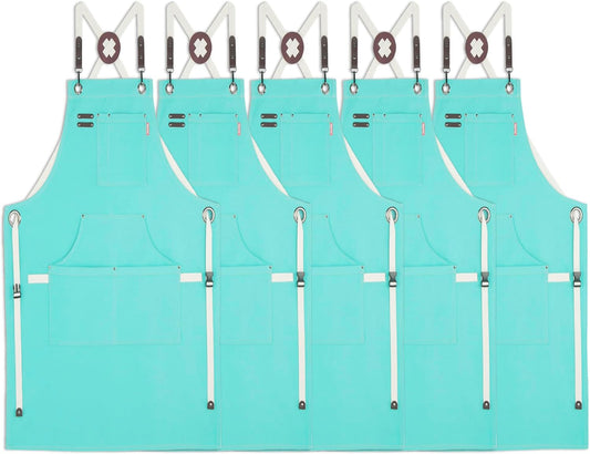 5 Pack Kitchen Apron, Work Apron, Canvas, Multiple Pockets, Gardening, Painting, BBQ, Artist, Carpenter, Sizes M to XXL, Ice Blue