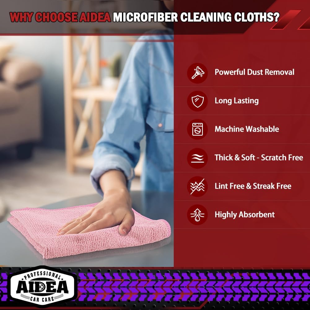AIDEA Microfiber Cleaning Cloth Pink 10PK, Microfiber Towels for Cars, Premium Car Cloths, Dusting Cloth Lint Free Cleaning Rags for SUVs, House, Kitchen, Window, Workshops,12×12"